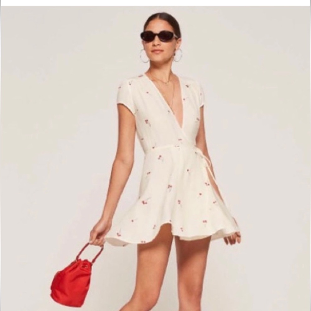 Reformation Raquel cherry print cream wrap dress s